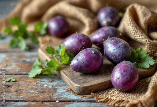 raw violet vitelotte potatoes on wooden boards and burlap cloth
