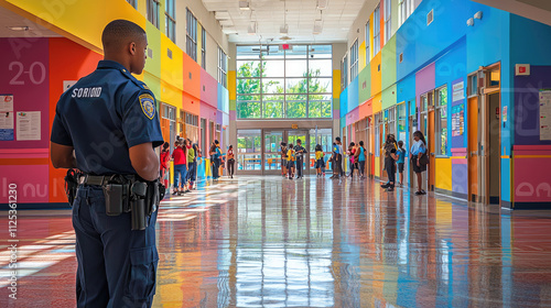 African man police officer patrolling colorful school hallway with students lining the walls