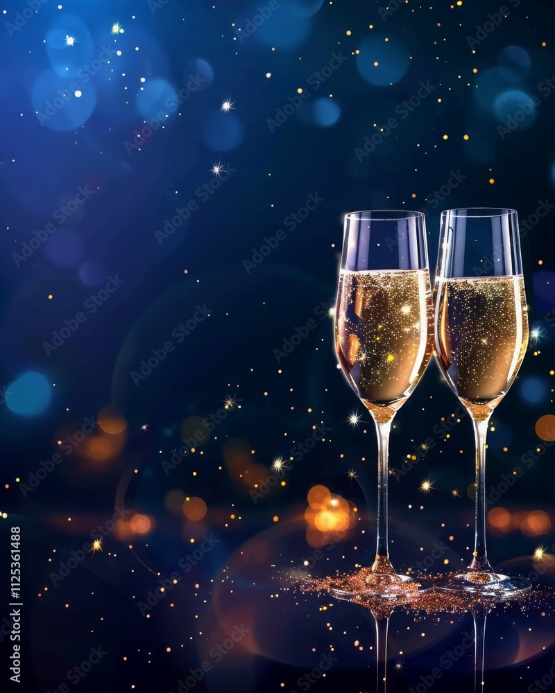 Festive banner. Two glasses of champagne on dark blue background with Christmas tree with lights bokeh, glitter and sparks, confetti. Christmas celebration concept with copy space for text. MZ Festive banner. Two glasses of champagne on dark blue background with Christmas tree with lights bokeh, glitter and sparks, confetti. Christmas celebration concept with copy space for text. MZ