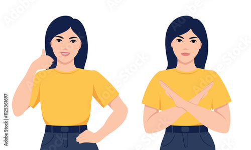 Woman crossing arms saying no and gesture show thumbs up. Negative and positive expression. Yes and no gesture. Flat vector illustration