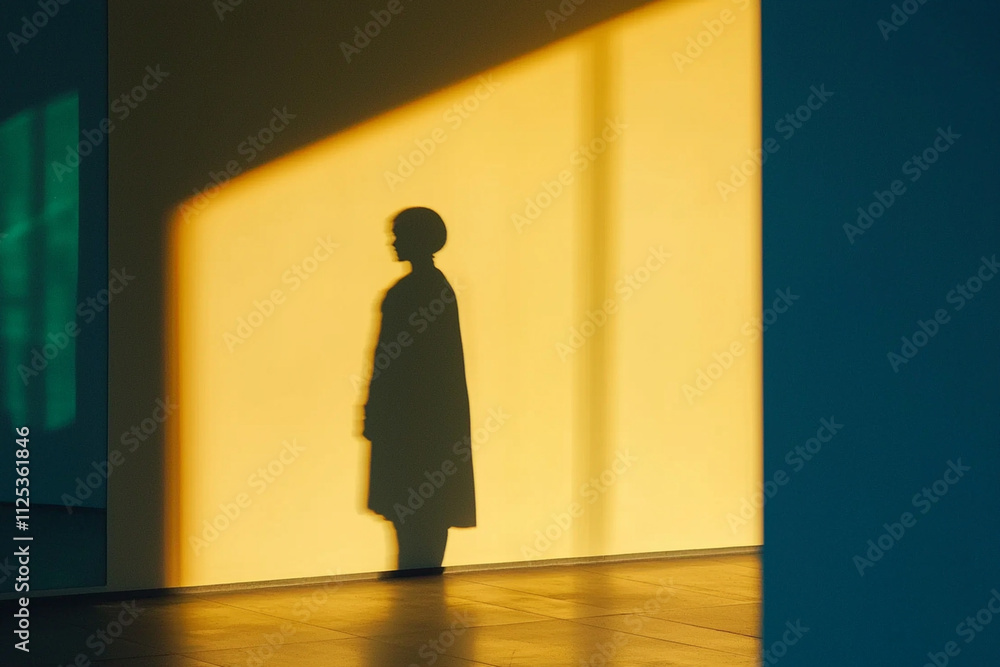 Fototapeta premium Shadow silhouette captured against vibrant yellow wall indoors