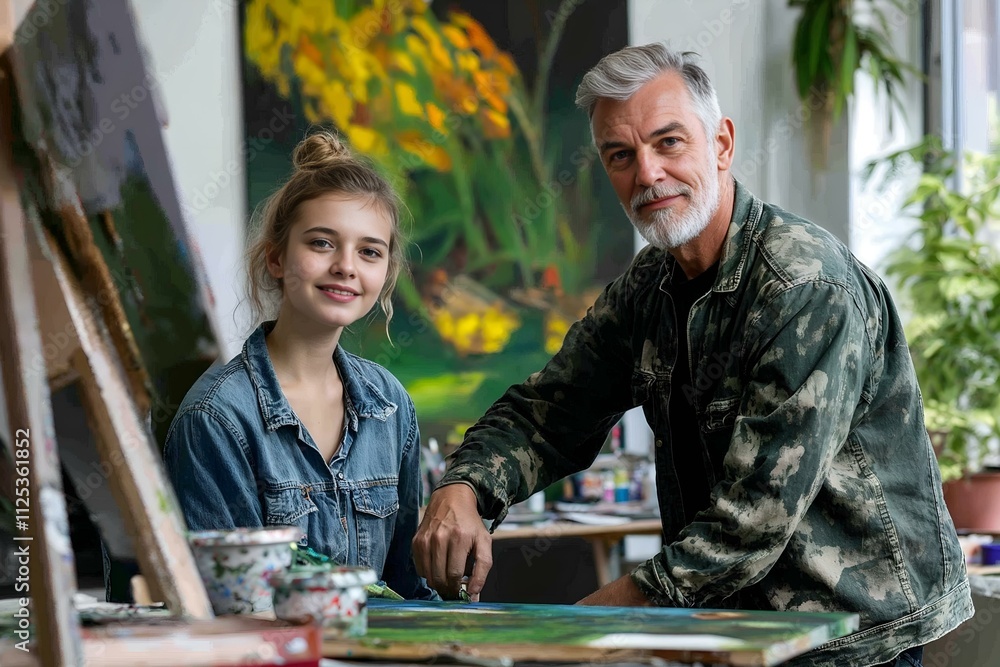 Senior man and young woman smiling together while painting in a vibrant art studio Senior man and young woman smiling together while painting in a vibrant art studio