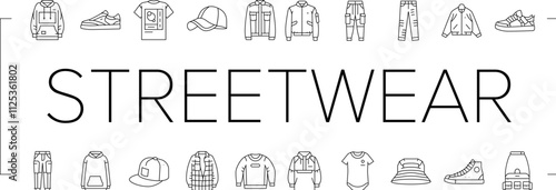 streetwear cloth fashion urban icons set vector. person style, retro shirt, print shape, vintage model, y2k street, angel chair, acid streetwear cloth fashion urban black contour illustrations