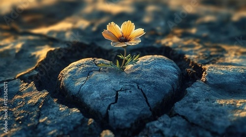 A flower growing from the cracks of a heart-shaped rock, symbolizing hope and love in post-apocalyptic landscapes.  photo