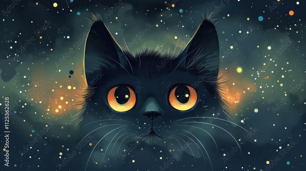 Fototapeta premium Cartoon cat face with a starry night, celestial background