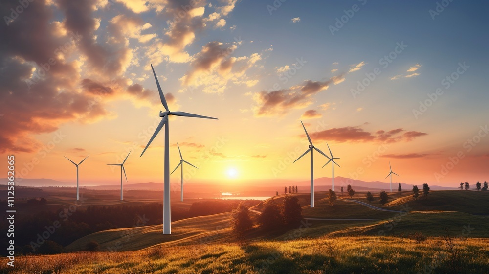 Obraz premium A photo of a wind farm with turbines against a sunset