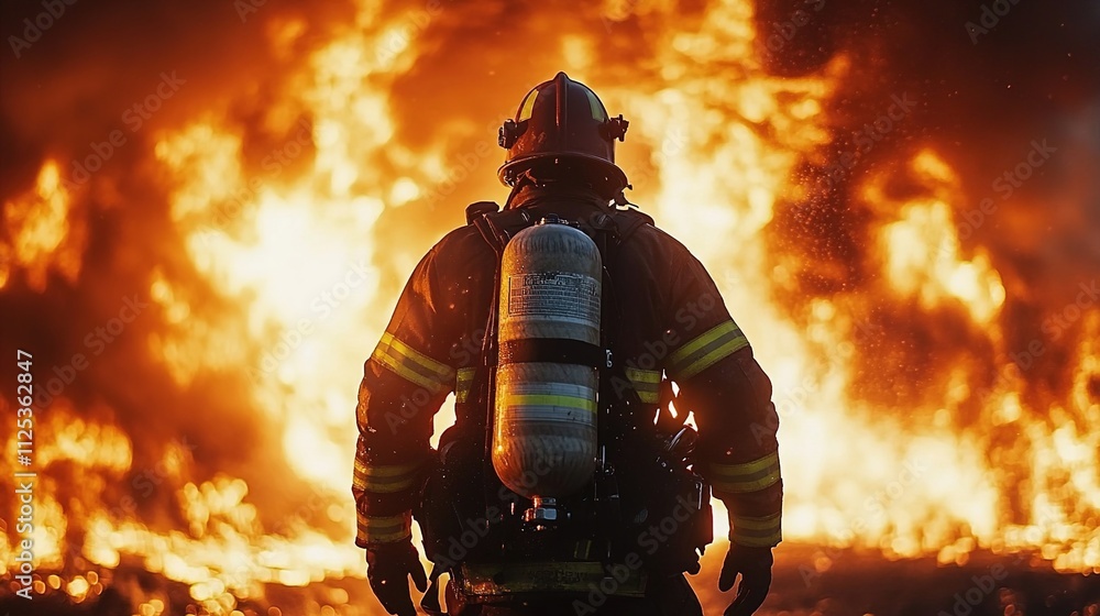 Firefighter standing in front of a massive fire, wearing full gear and an oxygen tank on their back, facing the flames with determination. Firefighter standing in front of a massive fire, wearing full gear and an oxygen tank on their back, facing the flames with determination.