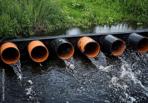 The water in the river is flowing through pipes, and black industrial pipes can be seen at different heights along its length. photo