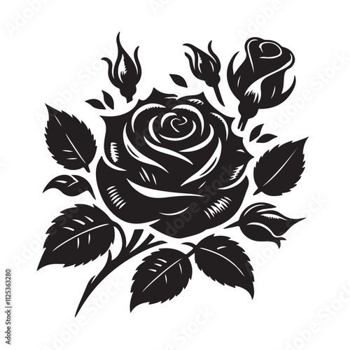Roses flat black icon . Rose Art Beautiful Black and White Rose Illustration, Flowers silhouette icons. 