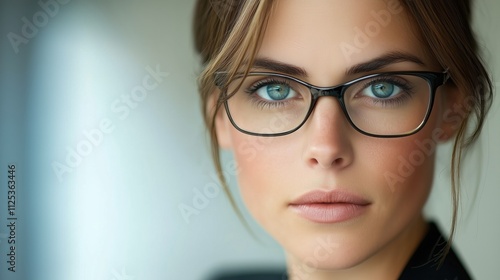 Close-up portrait of a young woman with blue eyes wearing eyeglasses.