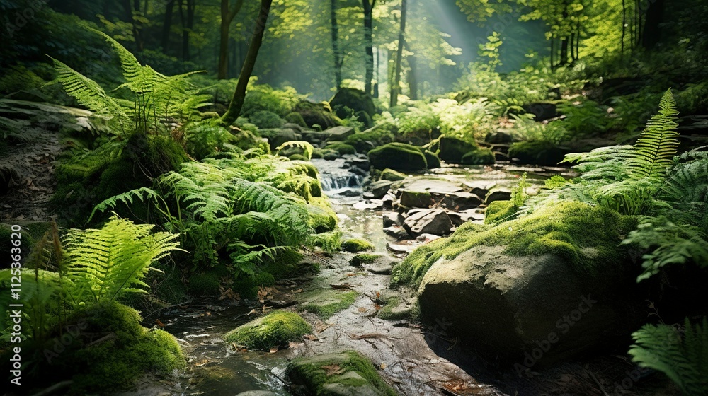 A photo of a woodland garden with ferns and moss-cove A photo of a woodland garden with ferns and moss-cove
