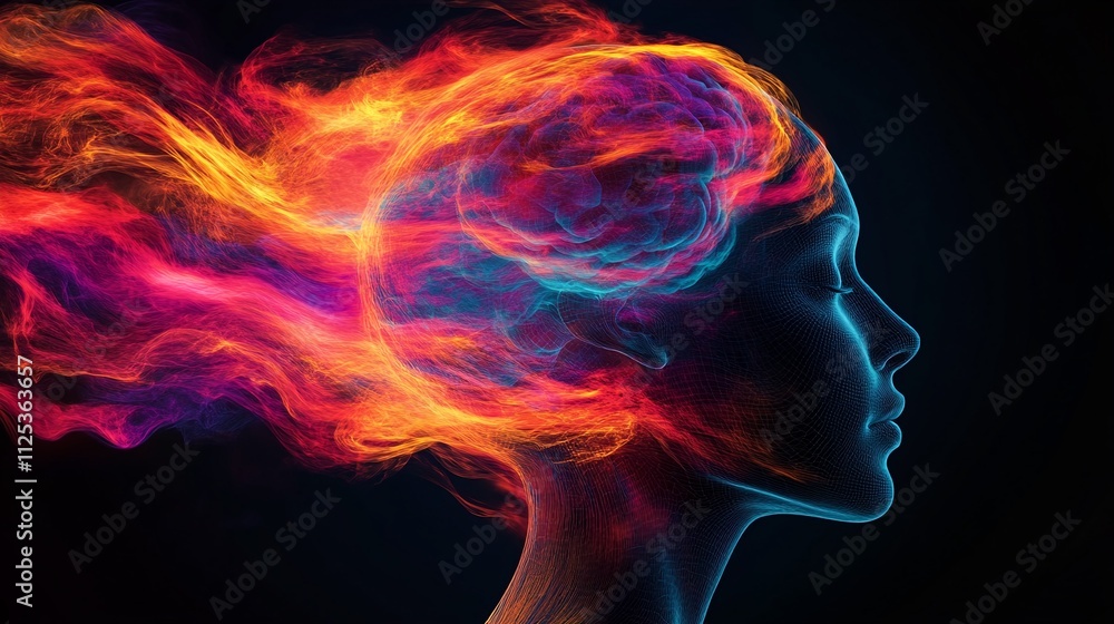 Brain activity visualized as vibrant colors swirling within a transparent human head.
Brain activity visualized as vibrant colors swirling within a transparent human head.