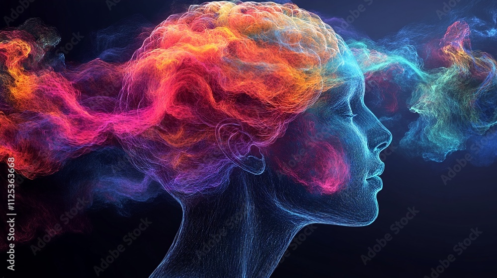 Brain activity visualized as vibrant colors swirling within a transparent human head.
Brain activity visualized as vibrant colors swirling within a transparent human head.
