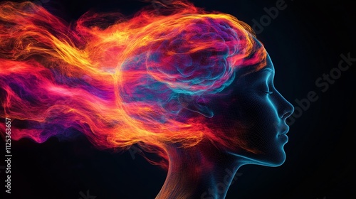 Brain activity visualized as vibrant colors swirling within a transparent human head.