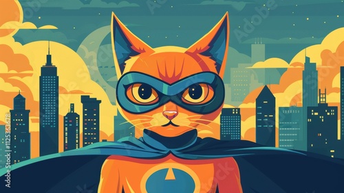 Cartoon cat face with a superhero mask, city skyline background