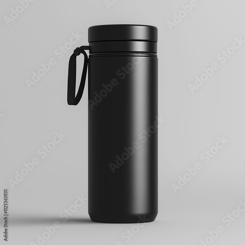 Thermo tumbler mockup. Reusable Coffee travel mug. Insulated black water flask, fitness or gym product. Aluminum or steel tumblr template with handle for logo promotion, realistic bottle 