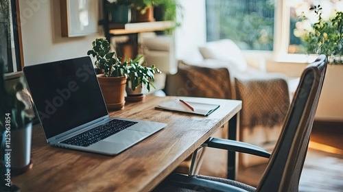 Wallpaper Mural Laptop, notebook, and plants on a wooden desk in a home office. Torontodigital.ca