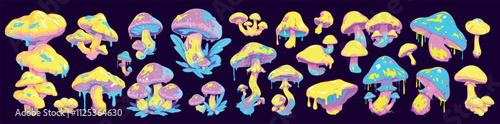 psychedelic neon mushrooms set. acid mushroom, hallucinogenic hippie rainbow colored yellow pink blue sticker print vector illustration
