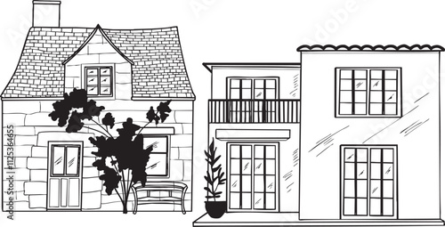 Ensemble Illustration maison vecteur lignes noires immeuble architecture