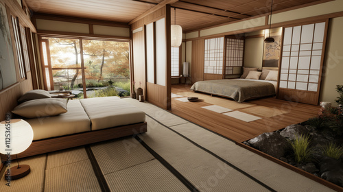 Cozy minimalist micro apartment interior design with japanese inspired decor photo