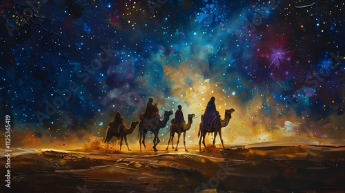Wallpaper Mural The Three Kings silhouetted against a vivid starry sky, their camels stepping softly on glowing desert sands, robes and treasures shimmering faintly in the moonlight, serene and majestic desert scene, Torontodigital.ca