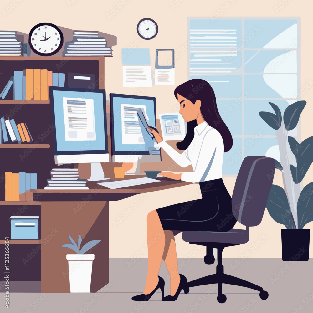 Happy woman working at home with laptop , freelance, coworking space, vector concept illustration, woman freelancer working on computer, can use for, landing page, template, ui, web, homepage, poster. Happy woman working at home with laptop , freelance, coworking space, vector concept illustration, woman freelancer working on computer, can use for, landing page, template, ui, web, homepage, poster.