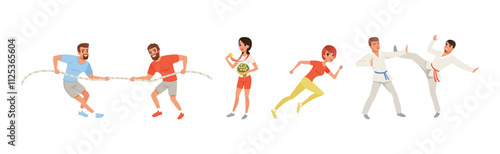 Man and Woman Character Engaged in Sport Competitive Activity Vector Set