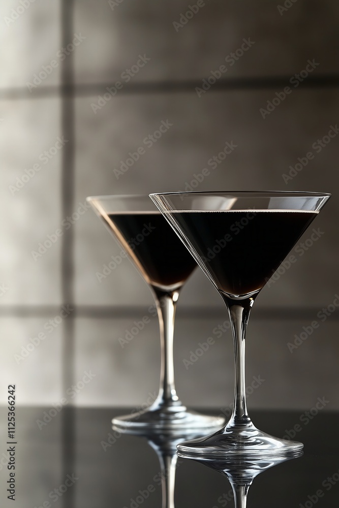 Espresso Martini in dark brown color, reflecting the trend of coffee-infused cocktails, rich and dark against a modern, minimalist setting Espresso Martini in dark brown color, reflecting the trend of coffee-infused cocktails, rich and dark against a modern, minimalist setting