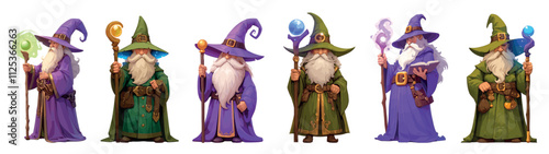 purple green magician cartoon. gray-haired wizard in hat with staff set, fairy tale magic fantasy game character vector illustration