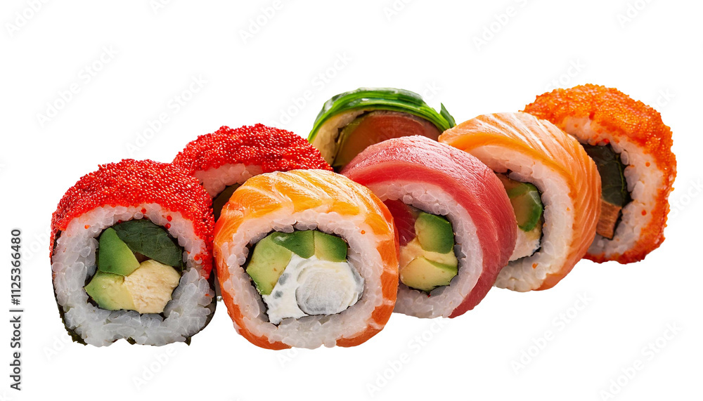Fresh sushi rolls with salmon, tuna, avocado, and red caviar on transparent background Fresh sushi rolls with salmon, tuna, avocado, and red caviar on transparent background