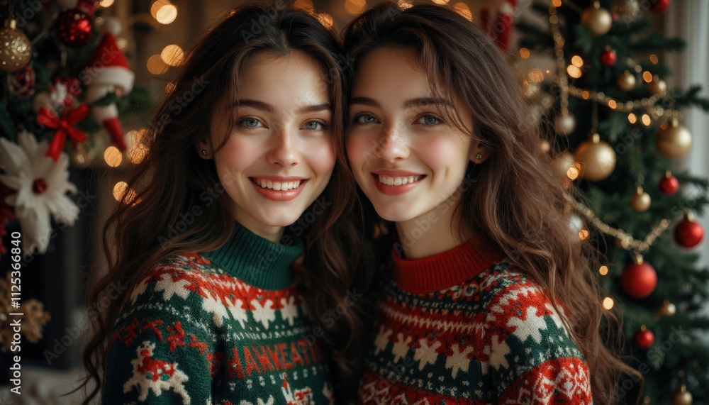 Cozy winter scene twin sisters in sweaters Cozy winter scene twin sisters in sweaters
