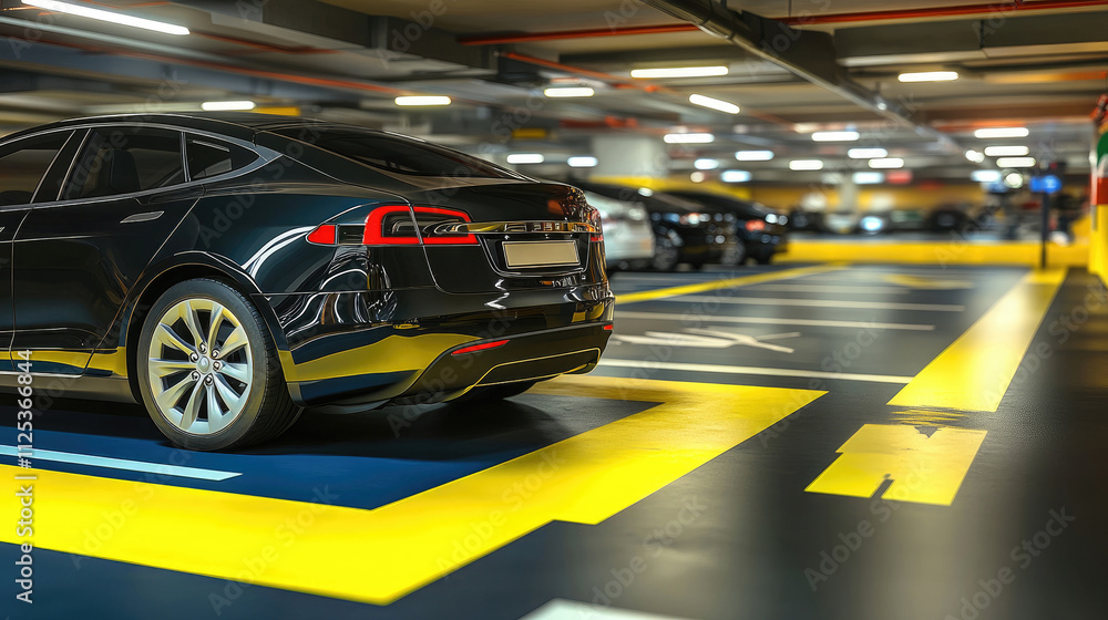 Modern Electric Car Parked in Illuminated Multi-Level Parking Garage Modern Electric Car Parked in Illuminated Multi-Level Parking Garage