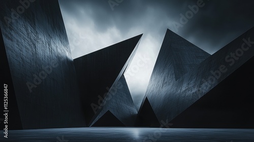 photorealistic minimalistic surreal angular sculptures forming an abstract cityscape against a dark sky photo