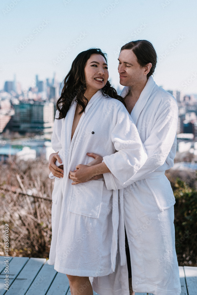 Couple Dressed Elegant White Robes Delightfully Enjoying Beautiful Scenic City Couple Dressed Elegant White Robes Delightfully Enjoying Beautiful Scenic City