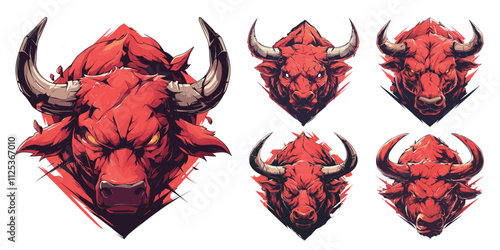 red bulls sticker. angry bull emblem set, aggression dangerous horns beast torn logo team sign sport cyber sport vector illustration