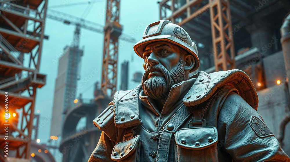 A construction worker wearing hard hat and safety vest is working on a building site A construction worker wearing hard hat and safety vest is working on a building site