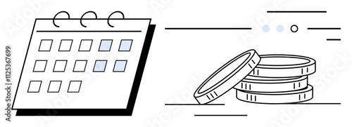 Calendar with highlighted dates and stacked coins indicating monetary savings or expenditures. Ideal for financial planning, budgeting, investment tracking, savings goals, economic forecasts, expense