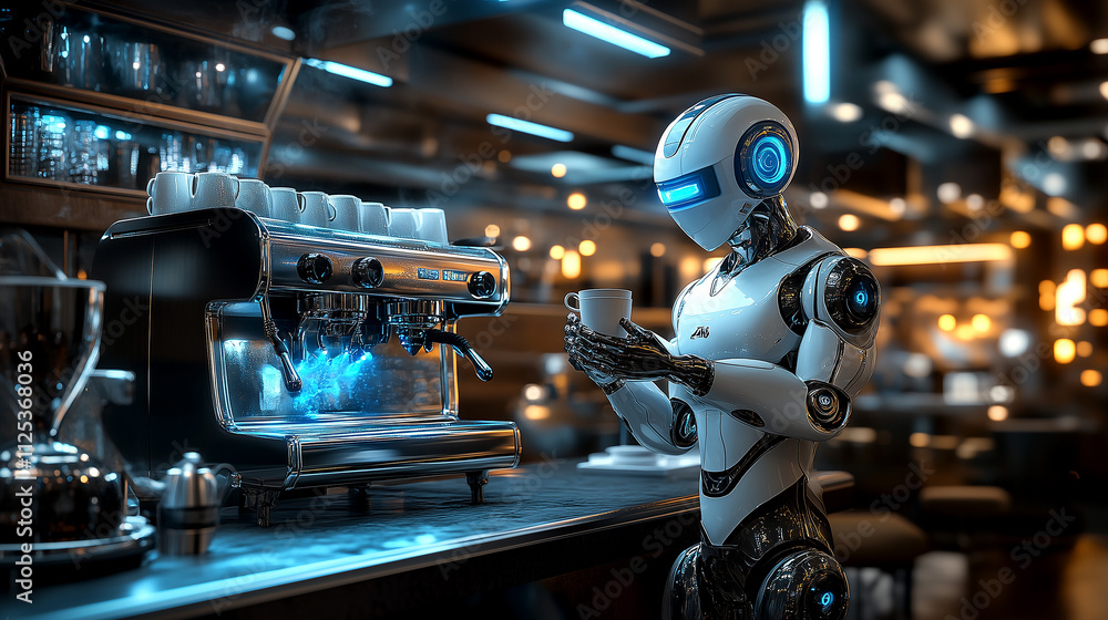 Futuristic robot barista serving coffee in a modern café setting. Futuristic robot barista serving coffee in a modern café setting.