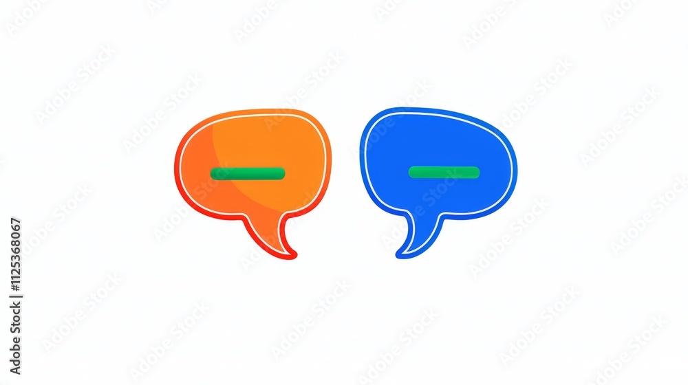 Two clouds, one orange and the other blue, overlap, creating a green area where they intersect. The orange cloud features three white dots. This is a flat design illustration used as a communication Two clouds, one orange and the other blue, overlap, creating a green area where they intersect. The orange cloud features three white dots. This is a flat design illustration used as a communication