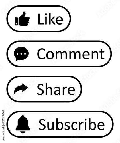 Like, Share, comment and subscribe icons buttons set with black color isolated. Social media icon outline style. Like, thumb up, subscribe, comment, repost and share icon buttons. Vector illustration.