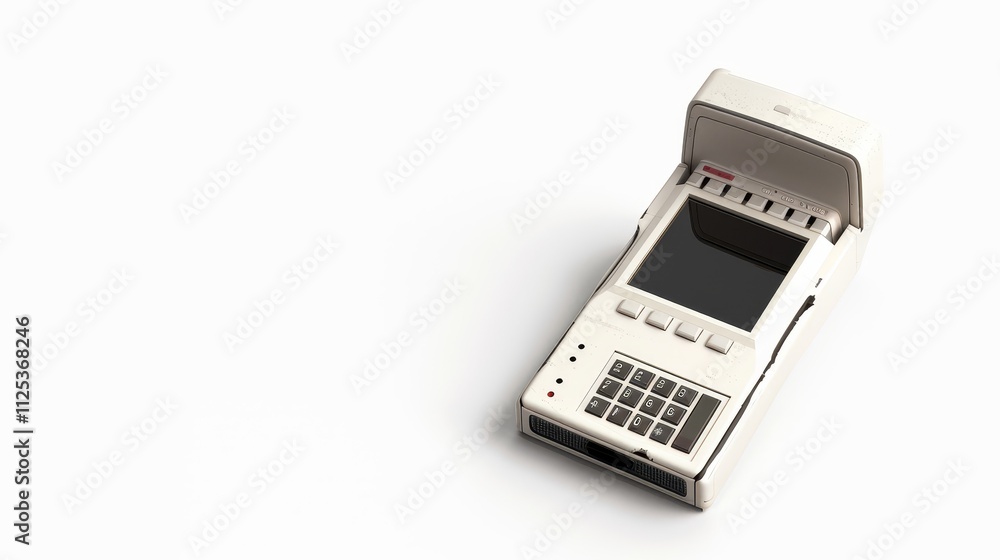 A handheld device with a screen and keypad, likely used for data processing or communication. A handheld device with a screen and keypad, likely used for data processing or communication.