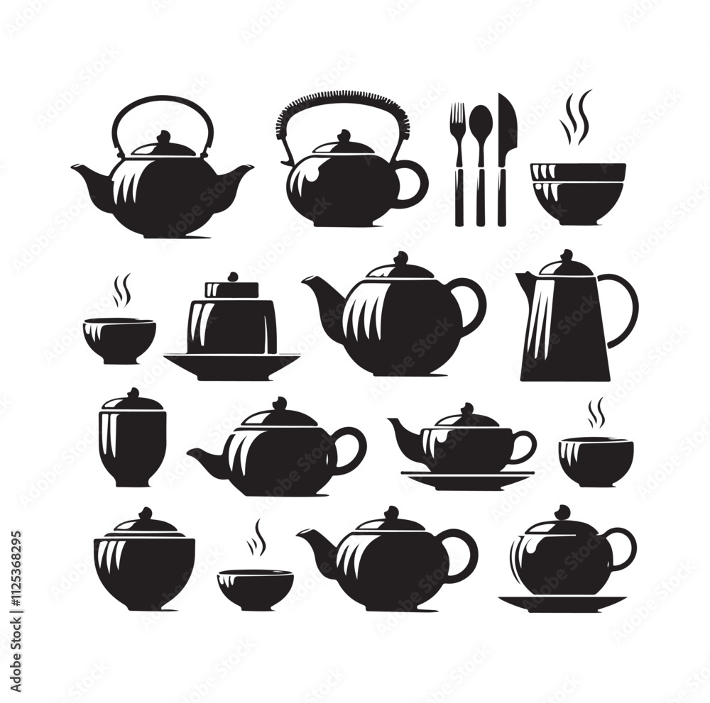 Tea pot set silhouette vector illustration Tea pot set silhouette vector illustration