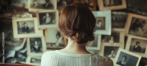 Woman Contemplating Old Photographs: A Nostalgic Glance into the Past