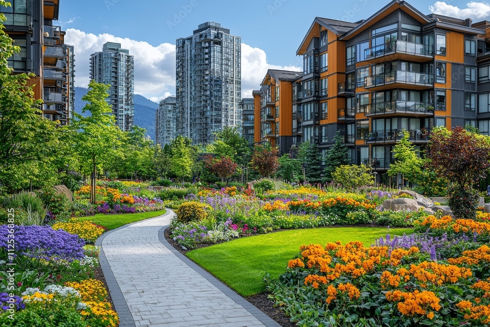 A modern urban park's walkway. This picture highlights a serene green space for residents of the city. A modern urban park's walkway. This picture highlights a serene green space for residents of the city.