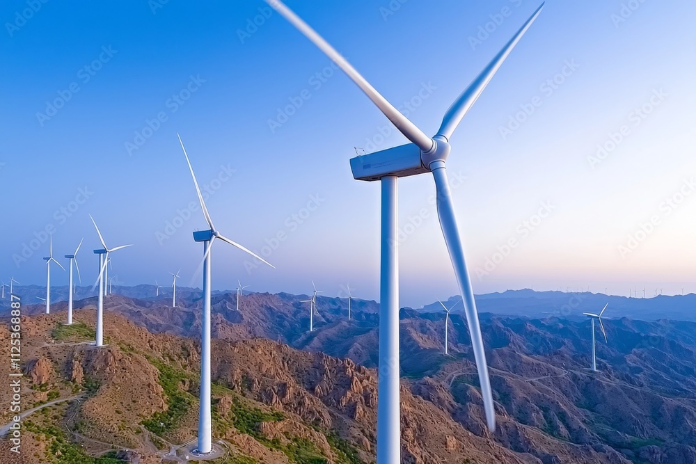 Wind turbines are scattered across a hilly, brown terrain as evening approaches, emphasizing the quiet, ongoing production of renewable energy in different environments. Wind turbines are scattered across a hilly, brown terrain as evening approaches, emphasizing the quiet, ongoing production of renewable energy in different environments.