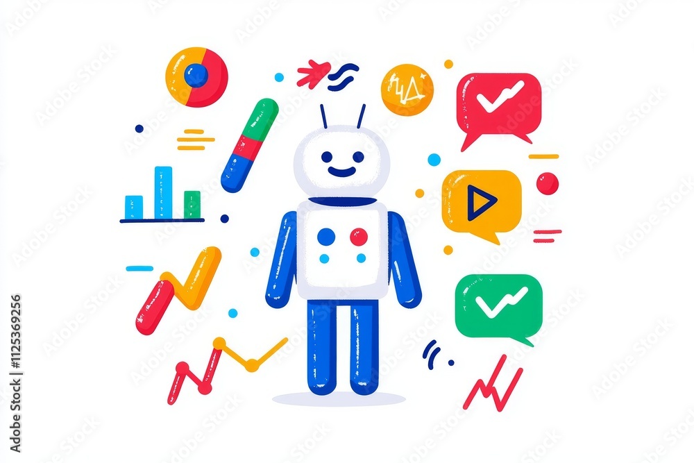 An illustration of a colorful chatbot with speech bubbles and icons, showcasing modern communication and digital engagement. An illustration of a colorful chatbot with speech bubbles and icons, showcasing modern communication and digital engagement.