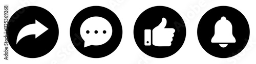 Like, Share, comment and subscribe icons buttons black and white color. Like, thumb up, subscribe, comment, repost and share icon button. Social media notification icon set. Vector illustration.