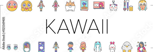 kawaii cute anime emoticon icons set vector. girl manga, rainbow art, game face, girly gamer, candy sticker, star smile kawaii cute anime emoticon color line illustrations