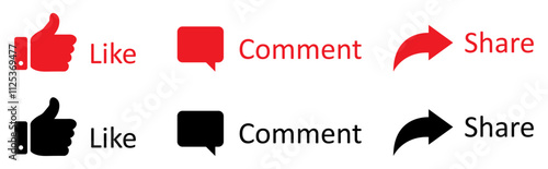 Like, Share and comment icons buttons set with black and red color. Like icon button, thumb up, comment, repost and share icon buttons. Social media notification icon set. Vector illustration.