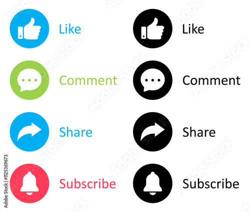 Like, Share, comment and subscribe icons buttons set with different colors. Like, thumb up, subscribe, comment, repost and share icon buttons. Social media icon set. Flat design. Vector illustration.
